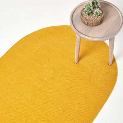 Image de HOMESCAPES Tapis Ovale Artisanal tissé à Plat en Coton Jaune Moutarde pour la Chambre ou Le Salon, 110 x 170 cm