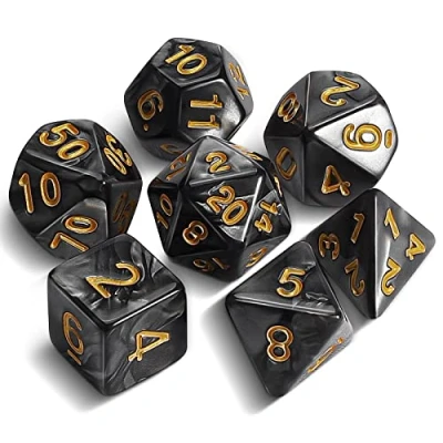 Image de QMAY DND Lot de 7 dés polyédriques pour Donjons et Dragons MTG RPG D&amp;D D20, D12, D10, D%, D8, D6, D4 (Noir)