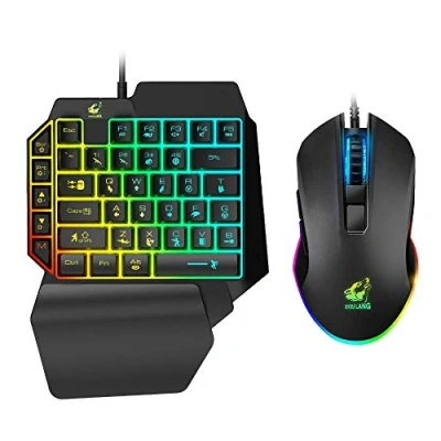 Image de Combo clavier et souris de jeu, filaire, 39 touches, sensation mécanique, arc en ciel rétro éclairé avec repose poignet pour PC / Xbox PS4, à une main portable jeu RGB (noir)