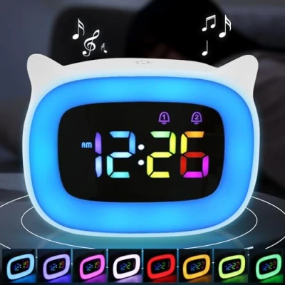 Image de Réveil numérique pour enfants avec lumière fonction snooze veilleuse 18 sonneries Double alarme Modes 12/24 heures