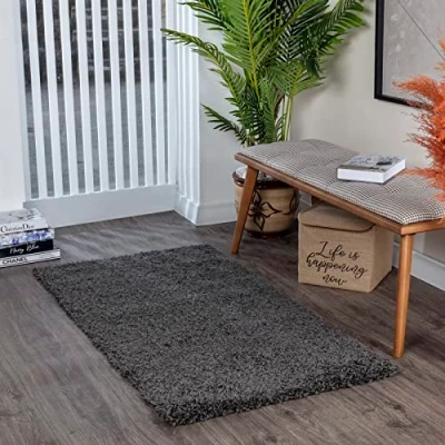 Image de Surya Home Tapis Shaggy Uni de Couloir, Salon, Salle à Manger, Chambre, Cuisine, Entrée Poil Long Moelleux et Doux, Motif Berbère, Grand Chambre Monochrome 80x150cm Anthracite