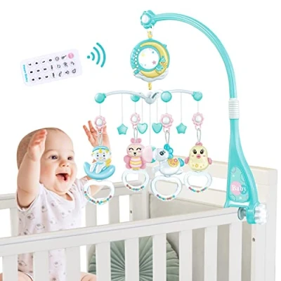 Image de Mobile Musical Lit Bébé Bebe Jouet 0 3 Mois avec 150 Mélodies et Projecteur, Télécommande Boite a Musique avec, Veilleuse, Fonction de Temporisation Coffret Naissance Garcon, Bleu