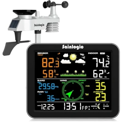 Image de Sainlogic Station météo sans fil pour l&#039;intérieur et l&#039;extérieur, avec jauge de pluie vitesse du vent, température, humidité, pression d&#039;air, prévision météo, phase lunaire alarme