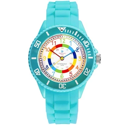Image de Alienwork Kids Montre Pédagogique Apprendre l&#039;Heure Enfants Fille Turquoise Bracelet en Silicone Multicolore Résistant à l&#039;eau 5 ATM Temps d&#039;apprentissage