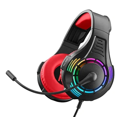 Image de NITHO Spectra Casque Gaming pour PC/PS4/PS5/Xbox One/Xbox Series XS/Tablette/Mobile, avec Microphone Pliable et Effets Lumineux RVB Rouge