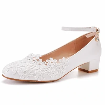 Image de Chaussures De Mariage pour Femmes, Talon Carré 3 Cm, Mariée Blanches en Dentelle Fleur Bout Rond Boucle Cheville Décontractées Confortables, 38 EU,White