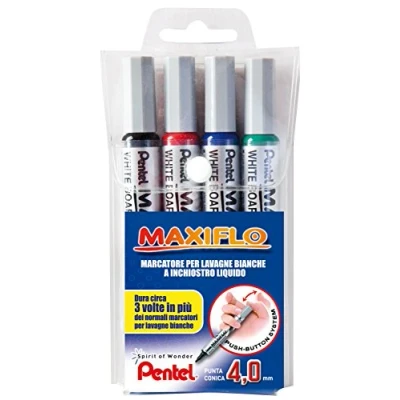 Image de Pentel MWL5S Maxiflo Marqueur pour tableau blanc pointe 4.0 mm 4 pièces noir/rouge/bleu/vert