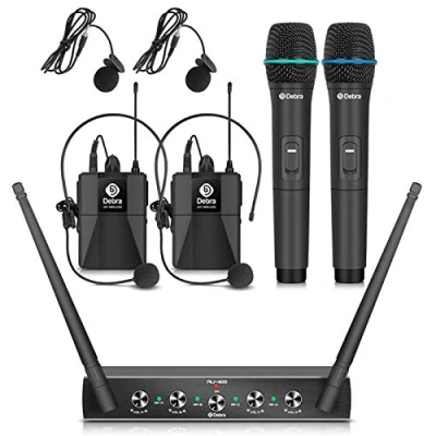 Image de Debra Système de Microphone sans Fil UHF 4 canaux avec micros Casques Cravate Portables Fil,récepteur en métal,idéal pour Les fêtes d&#039;église karaoké (avec 2 et bodypacks (A))