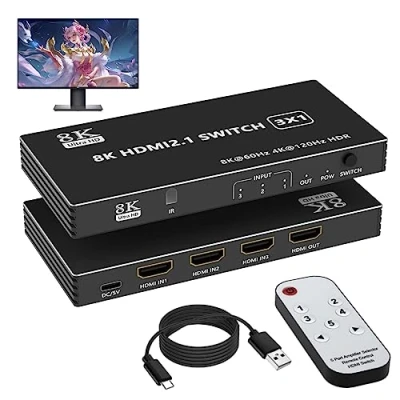 Image de 8K HDMI Switch 4K 120Hz, Commutateur 3 in 1 Out avec télécommande IR, Splitter Port Auto Selector 120Hz 60Hz