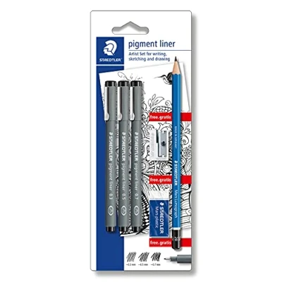 Image de Staedtler Pigment Liner 308 Blister 3 Feutres Noirs Pointe Calibrée 0,3/0,5/0,7 + 100 2B 526 53 510 10 Offerts