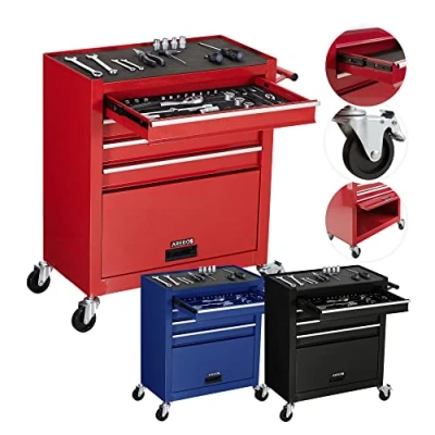 Image de AREBOS Servante d&#039;atelier 4 Compartiments avec 81 pièces d&#039;outils Chariot à Outils équipé Tapis antidérapants Interlock 2 roulettes Frein de stationnement Rouge