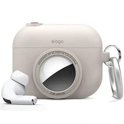 Image de elago Coque Instantané Compatible avec AirPods Pro, AirTag, Étui au Design Classique pour Appareil Photo, Porte clés Inclus [Dispositif de Suivi Non Inclus] (Stone)