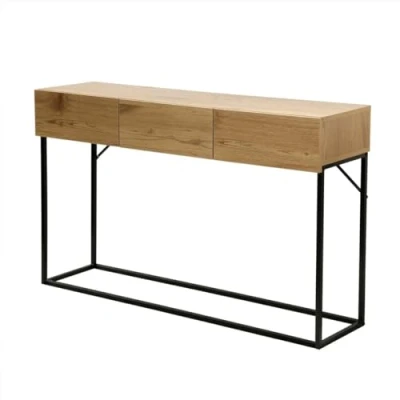Image de CALICOSY Console 3 Tiroirs Moderne Table de Couloir Meuble d&#039;Entrée pour Couloir, Entrée, Salon Chêne et Noir Style Industriel L 120 x P 29.5 H 73 cm