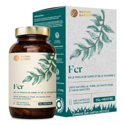 Image de Nature Basics® fer naturel en bocal 180 gélules hautement dosées 14mg de &amp; 80mg vitamine C par gélule purement à base feuilles curry cynorrhodon sans additifs d&#039;Allemagne