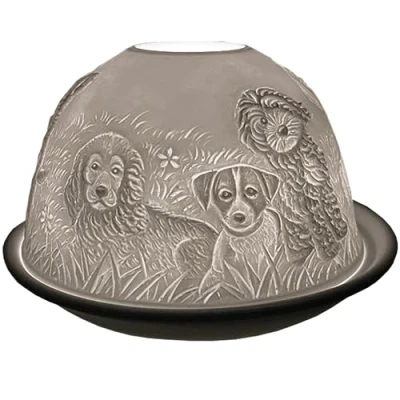 Image de Cello bougeoir en porcelaine forme de dôme, motif chiots, un projetant une image d&#039;amour 3D. Ornements chien À utiliser avec des bougies chauffe plat ou