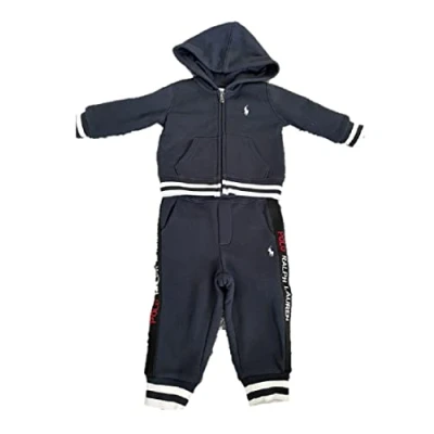Image de Ralph Lauren Survêtement 2 pièces pour bébé fille garçon coton polaire aviateur sweat à capuche jogging ensemble bleu marine blanc taille 9 mois, marine, mois