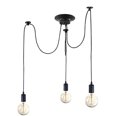 Image de iDEGU Moderne et Rétro Lustre Suspension, 3 Bras Suspension Luminaire DIY Créatif Araignee Ajustable 150CM Vintage Lampe de Plafond avec E27 Douille, Noir, Lumières