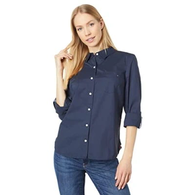 Image de Tommy Hilfiger Solid Button Collared Shirt with Adjustable Sleeves Chemise à Bouton Bas, Sky Captain, L Femme
