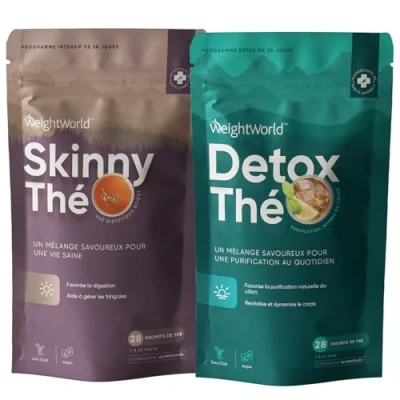 Image de Thé Détox avec Skinny, 56 Sachets Infusion Combo Programme de 28 Jours 0 Calories, sans Théine &amp; Vegan 1 Sachet Matin et Soir