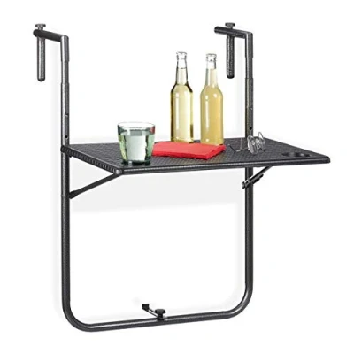Image de relaxdays Table Balcon Suspendue, Pliante, réglable en Hauteur 3 Niveaux, Aspect rotin, résistante, 59,5 x 36 cm, Noir