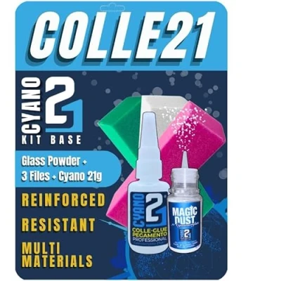Image de Super Glue multi usage kit BASE Colle21 Ensemble de Colle Cyanoacrylate 21g avec MagicDust pour Renforcer le collage et 3 Limes Abrasives, cyano Idéal Modélisme Bricolage
