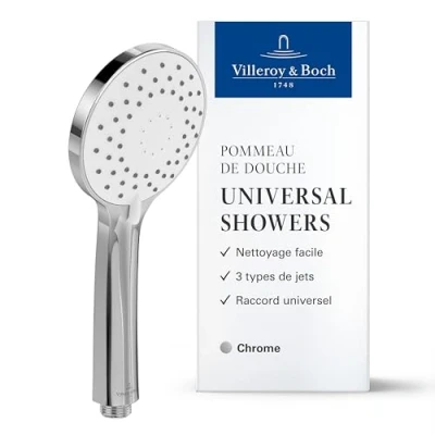 Image de Villeroy &amp; Boch Universal Showers douchette à main, pomme de douche avec 3 types jets, clapet anti retour intégré, facile nettoyer, ronde, chromé