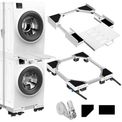 Image de NIUXX Kit universel d&#039;empilage et socle mobile pour sèche linge lave linge, taille réglable avec corde à cliquet supports de séchage extensibles gain place
