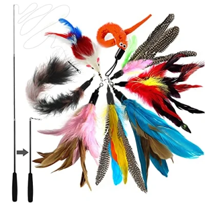 Image de onebarleycorn Jouet Chat Plume, Jouets pour Chats à Plumes, 1 Rétractable Canne Pêche avec 8 Recharges,Interacti l&#039;intérieur et Chatons(9 PCS)