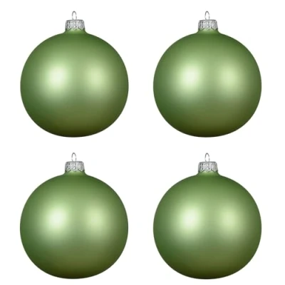 Image de Kaemingk Lot de 4 boules Noël en verre soufflé à la bouche 10 cm Grandes décoration et sapin Thé vert mat
