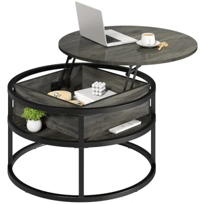 Image de YITAHOME Table Basse Relevable, avec Rangement Caché, 80x80X47cm, Salon Ronde Cadre Métallique Robuste, Forte Charge Portante