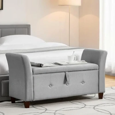 Image de Vida Designs Seville Pouf de Rangement en Tissu avec Couvercle, siège, Tabouret, Banc fenêtre, Coffre Rangement, à Jouets, Pouf, Repose Pieds, Lin Gris Clair