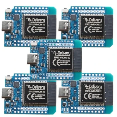 Image de AZDelivery Lot de 5 Mini modules NodeMCU ESP 32 Bluetooth Internet avec port USB C compatible Arduino et Wemos D1 e book inclus
