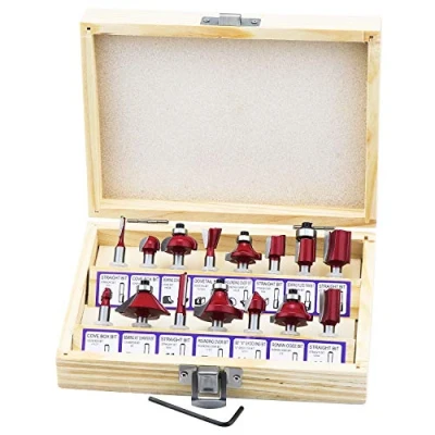 Image de HSEAMALL 15 Pièces Fraise Defonceuse 6.35 mm Bois Fraises à Rainurer Carbide Router Bits Menuiserie Routeur Électrique