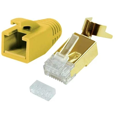 Image de odedo Lot de 10 fiches RJ45 CAT7, CAT6A, CAT8.1 pour câble d&#039;installation, pose Go AWG 22 24 PoE LAN à sertir en métal avec aide l&#039;enfilage et protection anti torsion doré, jaune