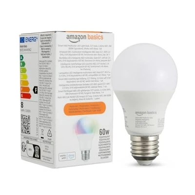 Image de Amazon Basics Smart A60 Ampoule LED multicolore, culot E27, WiFi 2,4GHz, 8W (équivalent 60W), fonctionne avec Alexa uniquement, 1 pièce