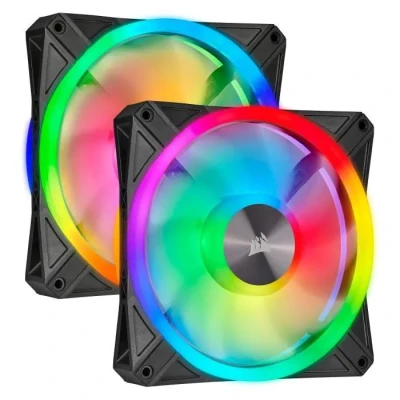 Image de Corsair iCUE QL140 RGB, Ventilateur LED RGB PWM 140 mm (68 Paramétrables Individuellement, Allant jusqu’à 1 250 TR/Min, Faible Bruit) Kit de Deux Ventilateurs avec Lighting Node CORE Noir