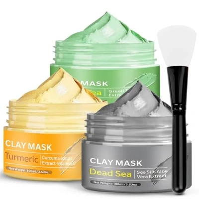 Image de 3 Pièces Masque d&#039;Argile, Visage au Curcuma d&#039;Argile thé Vert de Boue aux Minéraux la Mer Morte, Kit pour le Nettoyer en Profondeur, Anti âge, 300g