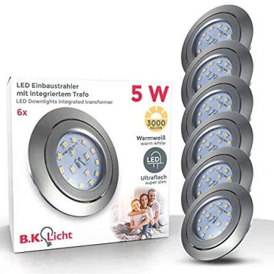Image de B.K.Licht lot de 6 spots LED encastrables ultra plats, orientables, platine 5W intégrée, plafonnier design, éclairage encastré intérieur, blanc chaud, 230V, IP23