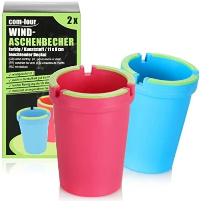 Image de com four® 2X cendriers pour l&#039;extérieur Coupe Vent gobelets tempête avec Couvercle Lumineux, Ø 8 cm (2 pièces Bleu Rose)