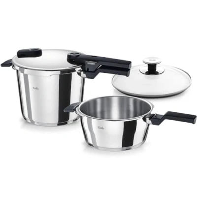 Image de Fissler Vitaquick Jeu D’autocuiseurs, 3 Pièces (2 Autocuiseurs Avec Couvercle Métallique 3,5 l + 6 l, 1 Supplémentaire En Verre), Compatible Induction