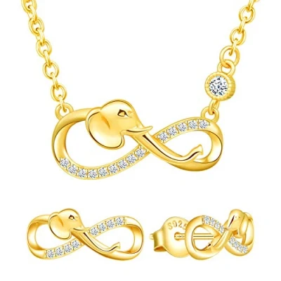 Image de Yumilok Ensemble de Bijoux Collier et Boucles d&#039;oreilles, Pendentif Clous d&#039;oreilles d&#039;éléphant Symbole l&#039;infini en Argent 925, pour Femme Fille, Zircon incrusté, Or