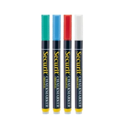 Image de Securit BL SMA100 V4 COL Lot de 4 marqueursà craie liquideà petite pointe Bleu/rouge/vert/blanc