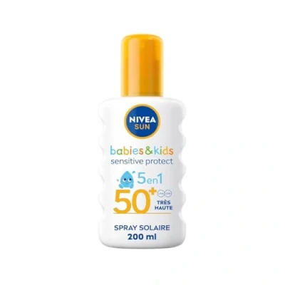Image de NIVEA SUN Kids Spray solaire Protect &amp; Play Sensitive FPS 50+ (1x200 ml), protection sans parfum ultra résistante à l’eau, écran enrichi en aloe vera