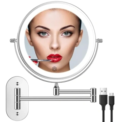 Image de Miroir de maquillage mural rechargeable 20,3 cm double face grossissant 1 x 10x, éclairage 3 couleurs, écran tactile à intensité variable, bras étendu rotatif 360