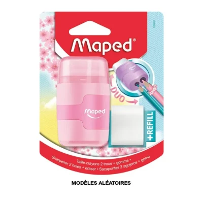Image de Maped Taille Crayon Connect 2 Trous avec Gomme sans PVC + 1 Recharge Medium Coloris Pastel Aléatoire Bleu, Violet ou Rose, 49230