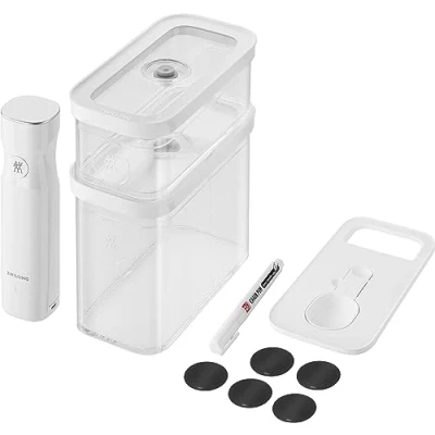 Image de ZWILLING FRESH &amp; SAVE CUBE set de démarrage sous vide, taille M, conservation vide 5 pièces, incluant 3x boîtes pompe à cuillère doseuse, étiquettes NFC