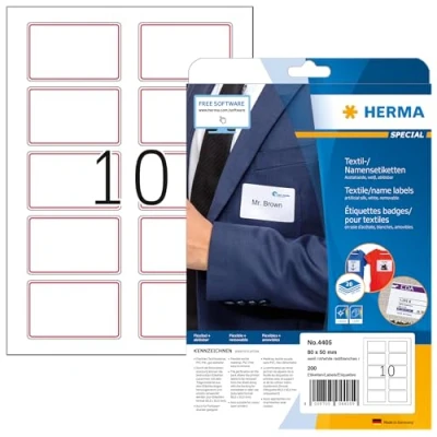 Image de HERMA Pochette de 200 badges autocollantes pour textile, En soie d&#039;acétate (80 x 50 mm) Personnalisables et imprimables, Impression laser, (4405)