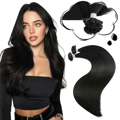 Image de Moresoo Extension Cheveux Naturel Keratine Noir Humain U Tip Hair Extensions a Chaud 40 cm 50 Mèche 50g/Paquet #1B