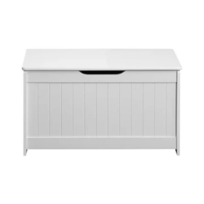 Image de Rebecca Mobili coffre à jouets pour enfants, avec couvercle, de rangement en bois, Mdf blanc, chaussures, jouets, entrée, chambre d&#039;enfants Dimensions HxLxL : 44,5x80x40 cm Art. RE6729
