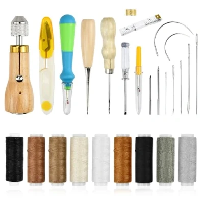 Image de ADERTOS 25PCS Kit de Couture Cuir, Reparation Cuir Aiguille Poincon Fil Ciré Artisanat du Outil à Main Aiguilles Coudre pour DIY Coutures Manuels Accessoire